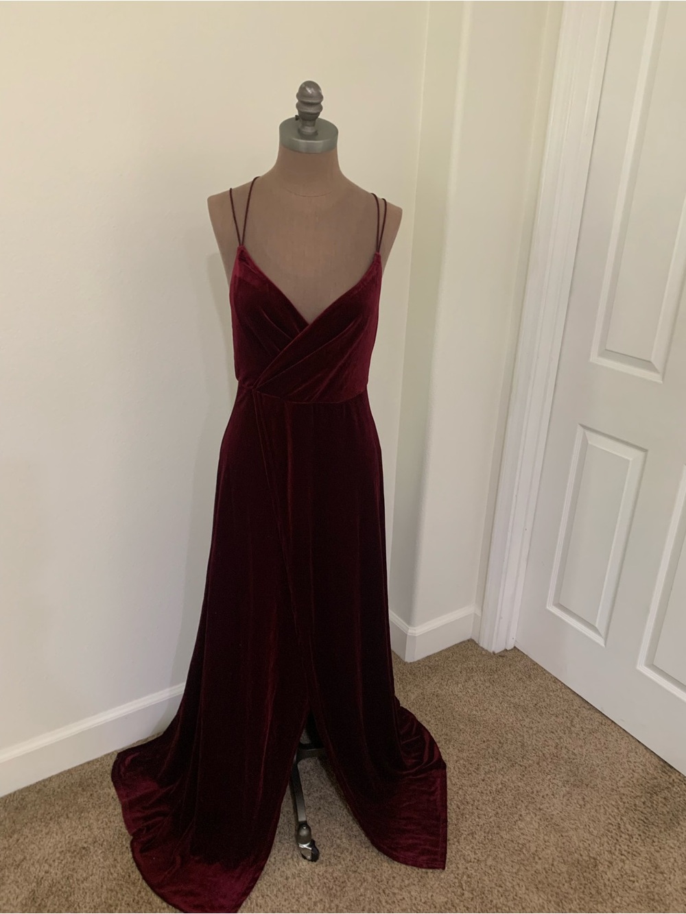 Fashion Nova Burgundy Velvet Maxi Dress with Double Spaghetti Straps